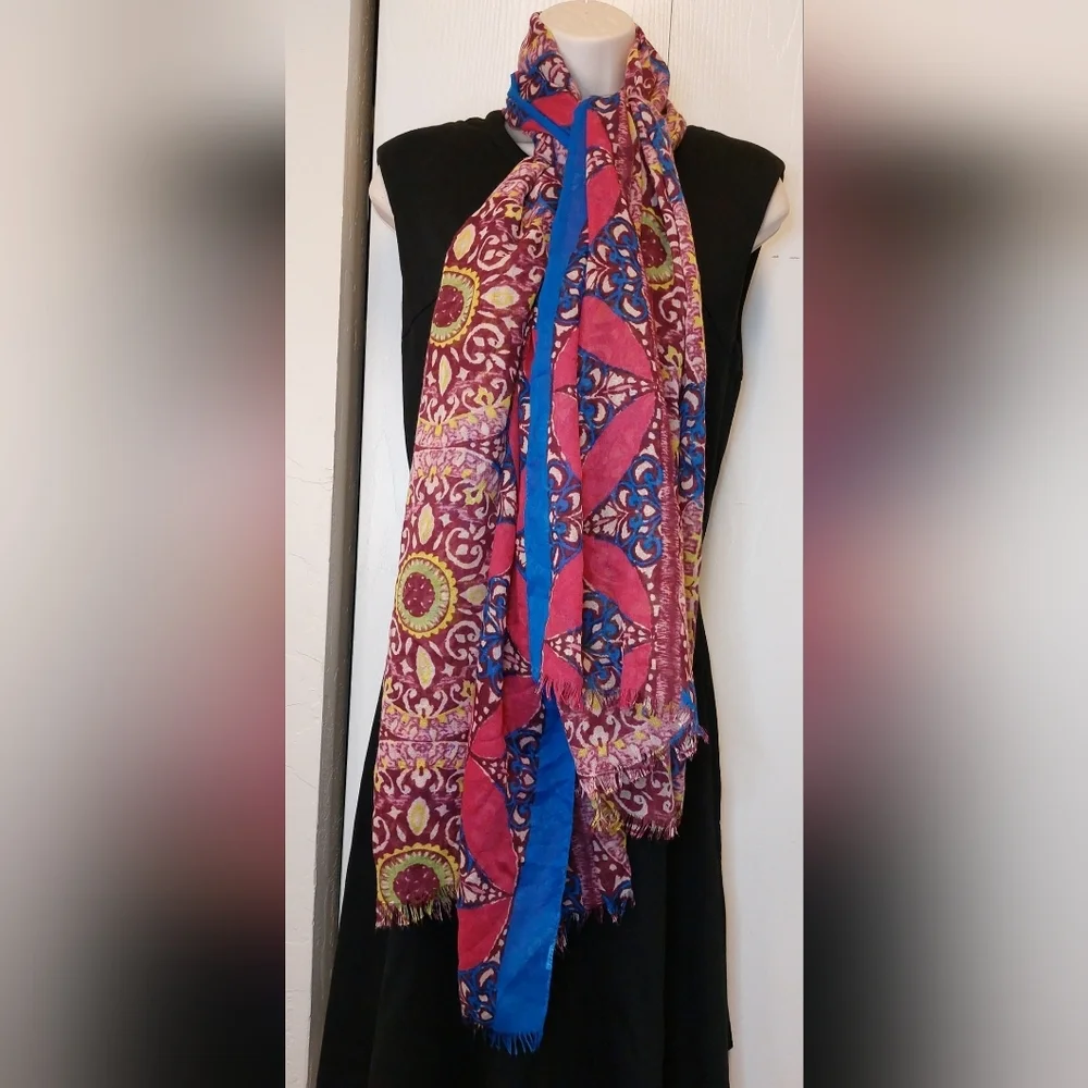 Multicolor Scarf Wrap Shawl Accessory Colorful Boho Gypsy Fringe Batik Pretty